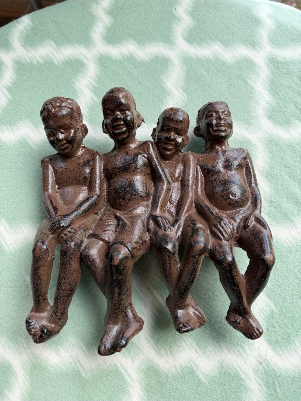 vintage cast iron "four laughing boys" shelf sitter sculpture - Black Americana